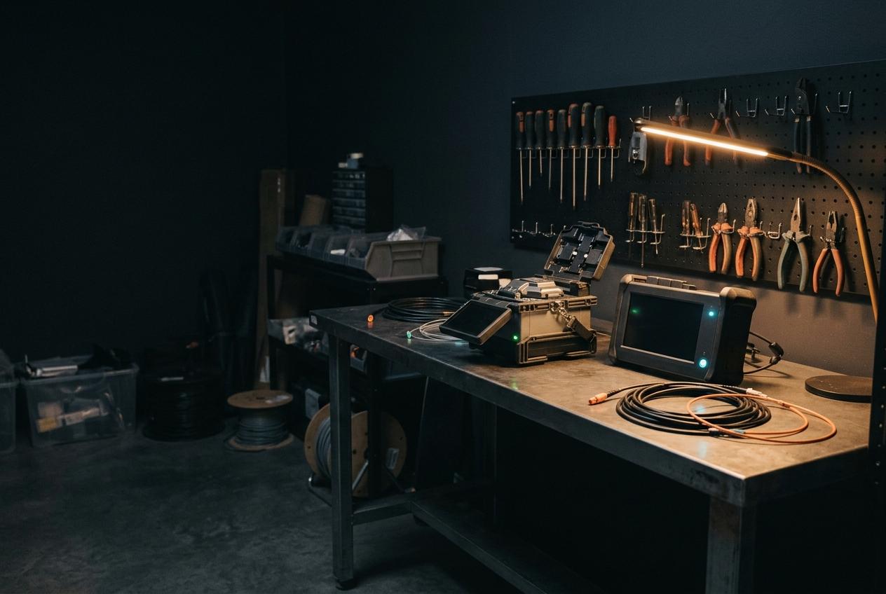 Atelier tehnic cu aparat de sudură fibră optică și unelte pe panou